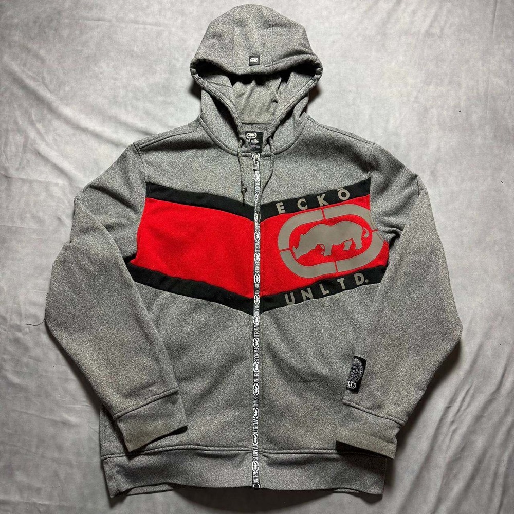 Ecko Unltd Mens Zip Up Hoodie Grey Red Rhino Logo Streetwear Fleece Size Medium